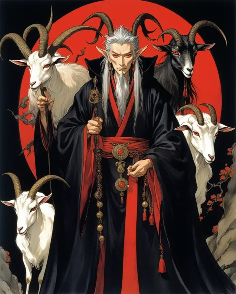 amano yoshitaka, An evil-looking male wizard with a goat head and goat hooves dressed in a black robe , red eyes