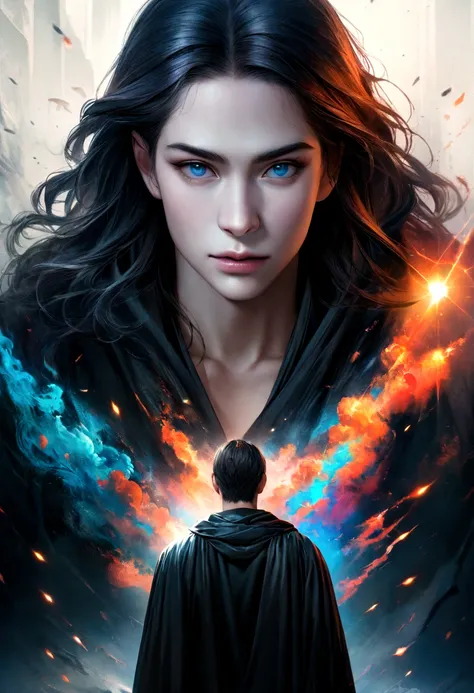 a man with medium long jet black hair, pale skin,dark blue turquoise eyes, athletic and slim body, wearing a black robe. super realistic image, detailed,  vivid colors, 8k and as a movie poster. 