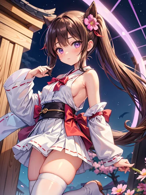 A late teenage girl with a young face, purple eyes, brown hair tied to a twin tail with a flower ribbon, C cup breasts, white mini shrine maiden clothes have no sleeves and fits perfectly on the skin In a miniskirt with a visible shoulder, armpits, and sid...