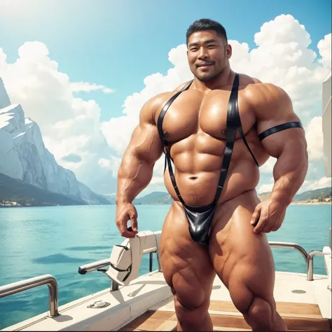 A handsome Asian actor，35 years old，High target, Fitness，short hair, O-Shaped Beard，Perfect body, Dark skin color，Radiant Skin，Smooth skin，Muscle bulge, muscular, Very large pectoral muscles，Very sexy abdominal muscles，Very well-developed leg muscles，Huge ...