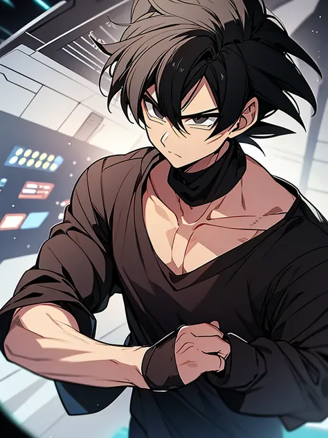 An adult boy, black hair, black eyes, designed in the style of Dragon Ball Z, holding a black photo in a space environment. 