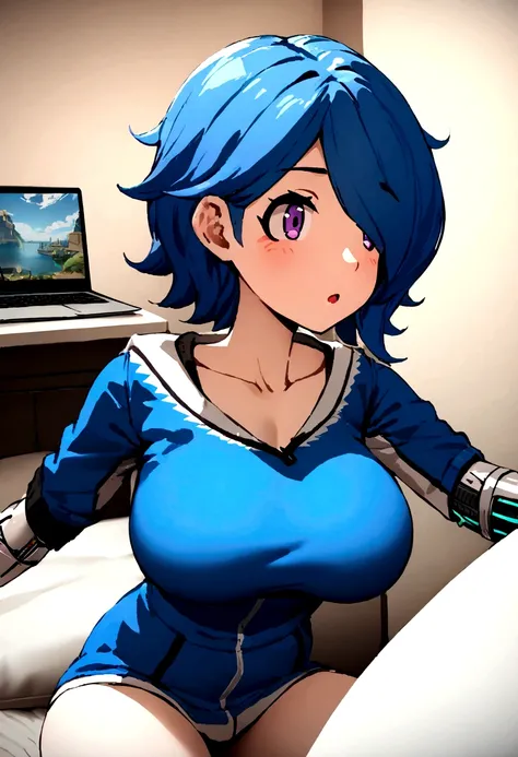 Best quality, masterpiece, big breasts, cybernetic left arm, bedroom, gaming laptop in background, sitting on a bed,