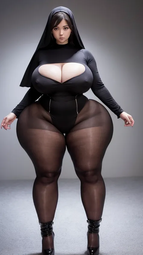 Curvy women dressed as a nun, tight clothes, wide hips, transparent clothes, thick legs