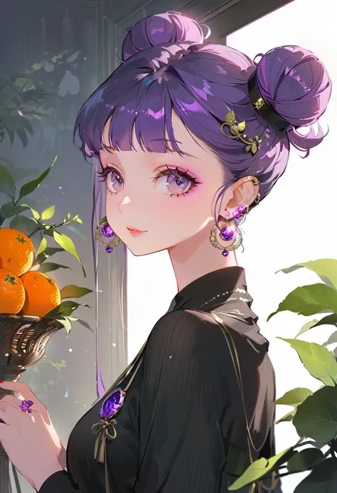 Lo-fi style girl in cyberpunk city 、((Beautiful girl with perfect features)),((One girl))、((One is a photo of a girl with purple hair..))、Glass mandarin orange earrings decorate both ears.、((Purple long hair bun girl))、One of them has ocean-pinkish purple ...