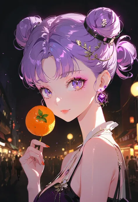 Lo-fi style girl in cyberpunk city 、((Beautiful girl with perfect features)),((One girl))、((One is a photo of a girl with purple hair..))、Glass mandarin orange earrings decorate both ears.、((Purple long hair bun girl))、One of them has ocean-pinkish purple ...