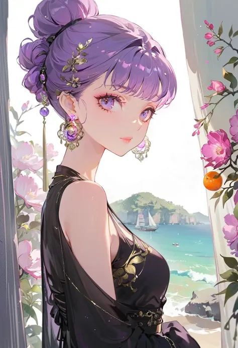 Lo-fi style girl in cyberpunk city 、((Beautiful girl with perfect features)),((One girl))、((One is a photo of a girl with purple hair..))、Glass mandarin orange earrings decorate both ears.、((Purple long hair bun girl))、One of them has ocean-pinkish purple ...