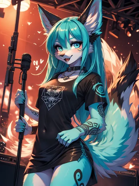 Miku Hatsune, high definition add_detail:1, blue fur,kitsune ears, tribal tattoo add_detail:1 cute high school clothes, pretty girl add_detail:3 18 year old girl, short black lycra, black metal t shirt, flirty look add_detail:3, hands rock sign, shouting a...