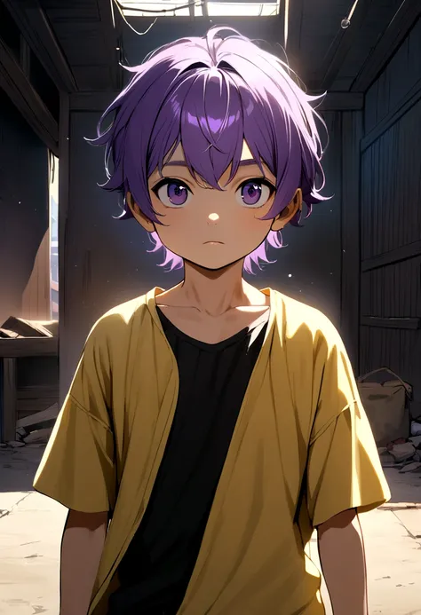 6 year old boy, purple hair with bangs, dark purple eyes, black tank top, white and yellow t-shirt.