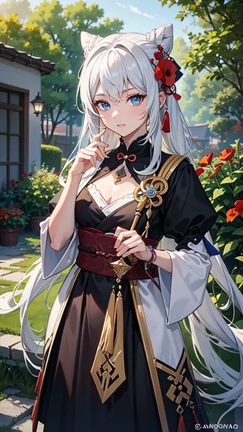 genshin impact style character, anime style, coming from Natlan, androgynous and handsome chico, White hair, blue eyes, small flowers embroidered on a handkerchief that she holds in her hand, In his other hand he holds a spear, Her hair, worn in a bun, is ...