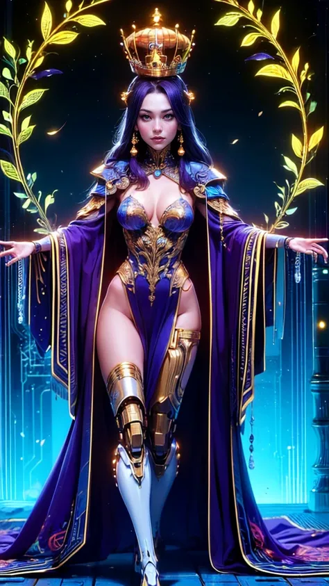 top quality, future world, State-of-the-art robot, Beautiful Woman, flying hair, (Transformed into a cyborg except for the face), sexy images, whole body photo, ((Queen, crown, robe)), 