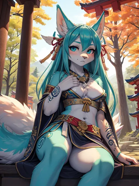 Miku Hatsune, high definition add_detail:1, blue fur,kitsune ears, tribal tattoo add_detail:1, pretty girl add_detail:1, feudal priestess clothing add_detail:1, japanese shrine landscape add_detail:1, japanese shrine costume add_detail:1, bare left leg add...