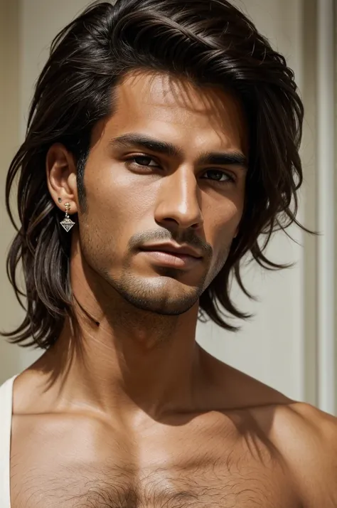 His dark brown hair, styled in a slightly messy, long hairstyle, falls just past his shoulders.  A few strands frame his face, adding a touch of rebelliousness to his overall look.  His deep-set brown eyes hold a mixture of playfulness and mystery, hinting...