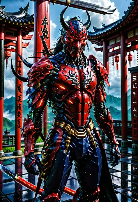 (demon samurai)、venom armor,(wearing a oni demon mask)solo man, glowing red eyes、like the whole body、(cyborg armed with a long s...