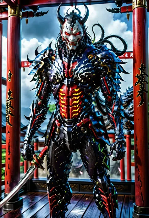 (demon samurai)、venom armor,(wearing a oni demon mask)solo man, glowing red eyes、like the whole body、(cyborg armed with a long s...