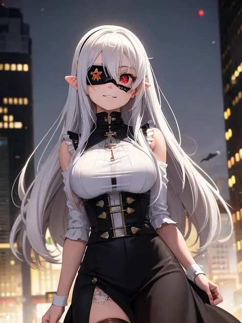 One girl, (alone), Anime girl with long white hair and red eyes, White Hair Girl, girl in white turtleneck, ((Eye patch)), Pointy Ears, ((vampire)), Grin, Conceit, Mouth closed, Cowboy Shot, Perfect white hair girl, White-haired God, Digital Cyberpunk Anim...