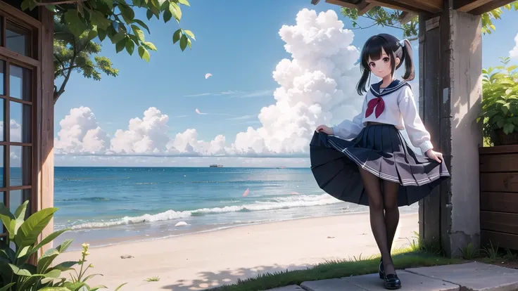 (masterpiece),  town,  blue sky,  One Girl, Place the person on the right,  smile,  alone,  Sailor suit、Long skirt,  Overgrown,  petal,  plant、Skirt lining、Translucent slip、nostalgic、Black Pantyhose、I can see the ocean in the distance