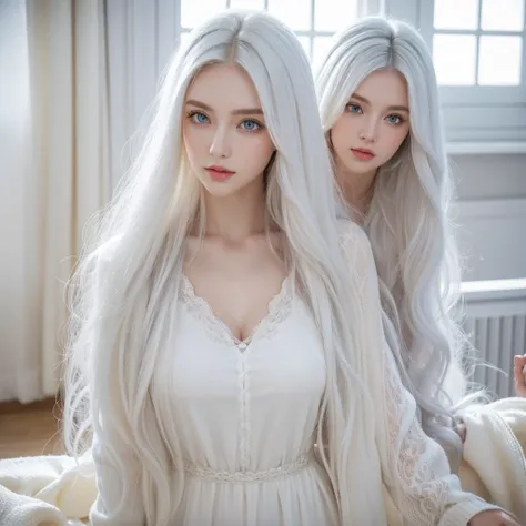 1 woman, White long curly hair，Natural and beautiful hair, clean and beautiful. White hair. Close lips. Blue natural eyes. clothes. rich. Money. Teacher, lesson. 