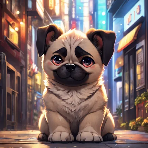 in the city、1 pug puppy、（（（round black fur on forehead）））、（（（smile:3.0）））