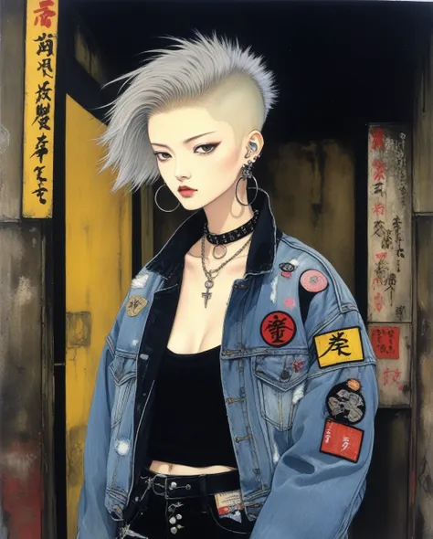 amano yoshitaka, (masterpiece:1.2, best quality), (1lady, solo, upper body:1.2), hair: buzz cut, clothing: oversized, distressed...