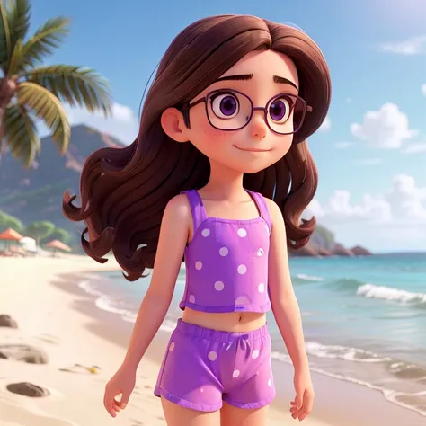 Beach and a  10 years with glasses and long, dark brown hair has brown eyes, she wears a two-piece swimsuit with a Violet polka dot top and Violet polka dot shorts 