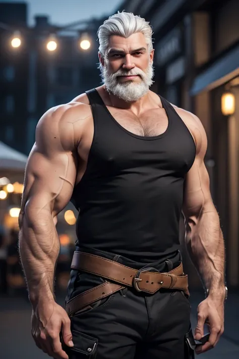 photorealistic, reinhardt, white hair, short beard, busy marketplace in background, sharp focus, high resolution, night, wearing a loose black tank top, arms are exposed, hair is well trimmed, smiling, scar over eye, night, wearing dark cargo pants, at nig...