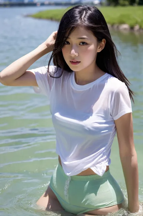 NSFW,Girls playing in the river,Sheer white T-shirt,Jersey hot pants,15 years old, black hair 