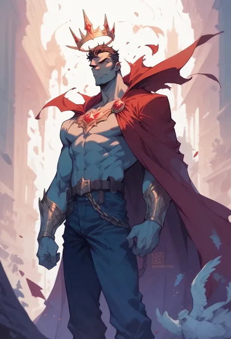 a good king wearing a glowing crown , red cape , standing