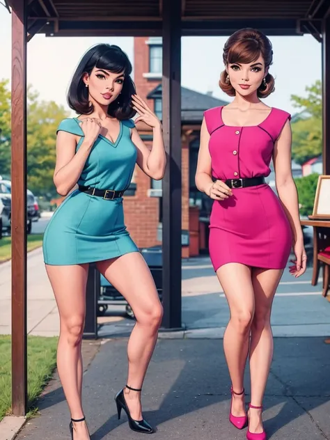 two fashionable young women posing for a picture, retro 60s girls fashion