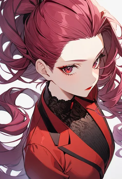 1girl, reddish purple hair colour, long wavy hair, dark red eyes, black eyeliner, red lipstick，dark red suit ，comb hair，pulled back hair ，from above，full of confidence，upper body，simple background，Expressionless