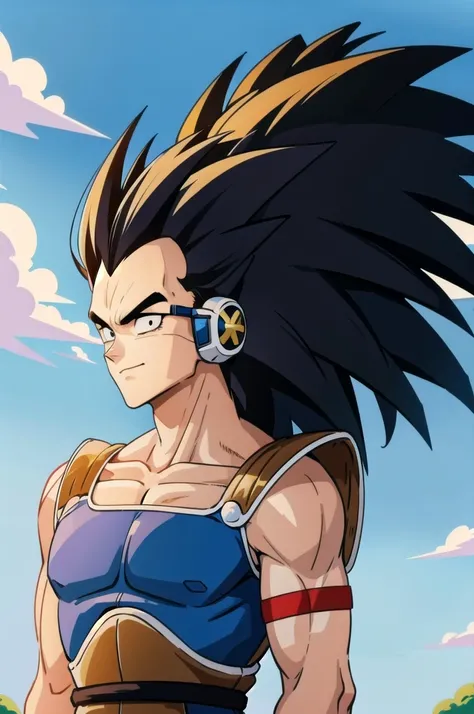 raditz, 1boy, solo, black hair, black eyes, (upper body:1.5,).portrait, smirk, saiyan armor, shoulder armor,(green scouter), faulds,very long hair,blue sky,plateau,tree,grass,standing,looking at viewer,tail around waist, red armband,black briefs,rocks, mus...