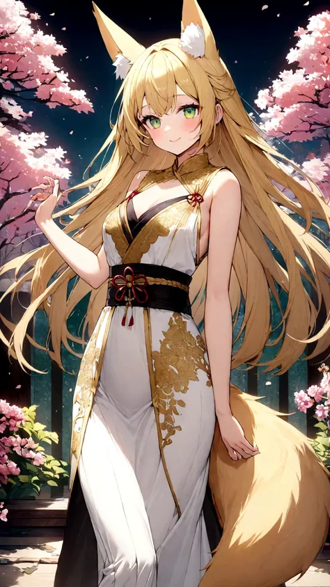 15-year-old beautiful fox beast girl、Wind Flower (Kazahana) Please draw。Straight blonde hair down to the shoulders、Emerald green eyes、He has golden fox ears and a bushy golden fox tail.。She has a slender figure.、It&#39;s small and delicate。She is wearing a...