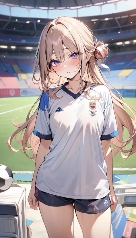 anime girl with long hair and blue eyes standing in front of a soccer field