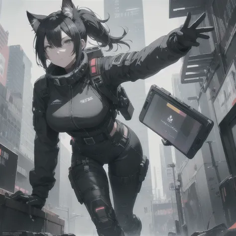 Absurd resolution, high resolution, (masterpiece: 1.4), hyper-detail, full body shot, solo, 1 kemono feline cat woman, black hair, messy ponytail, cute face, detailed soft grey eyes, extremely large bust, huge hyper super breasts, wide full hips, narrower ...