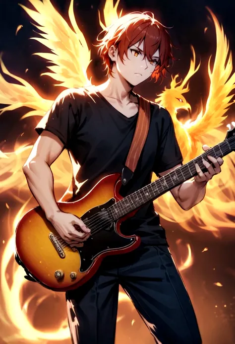 make a character that is based on the phoenix and has a guitar in his hands 