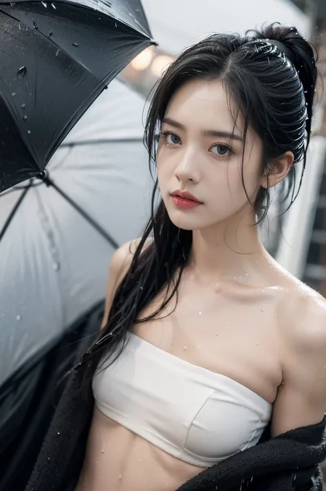 (((best quality))),(((ultra detailed))),(((masterpiece))),illustration,1girl, young,solo, slim,thin,short ponytail,small breasts,flat chest,(strapless white bra:1.3),rainy night, heavy rain, drenched, melancholy expression, solitude, tear rolling down chee...