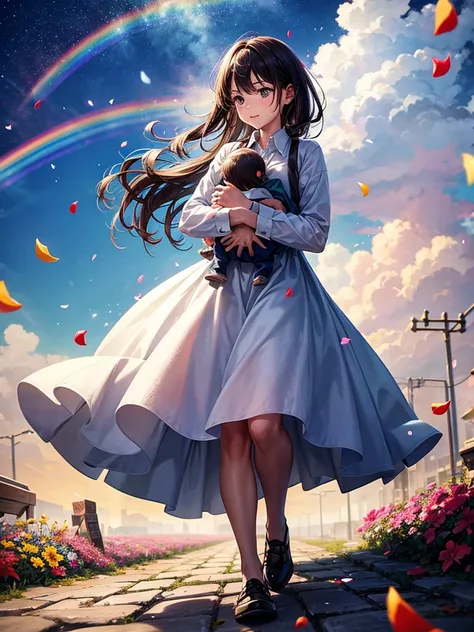 Highest quality,Highest Resolution,A woman walking down a sidewalk with falling flower petals, holding a baby,In the sky１Rainbow of Books,