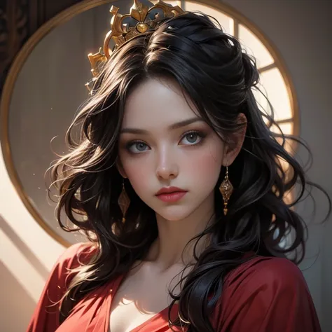 (full body portrait:1.0), a beautiful queen of hearts, elegant long red dress, flowing red cape, golden crown, striking red makeup, piercing gaze, regal posture, ornate throne, dark gothic castle, dramatic lighting, (best quality,4k,8k,highres,masterpiece:...