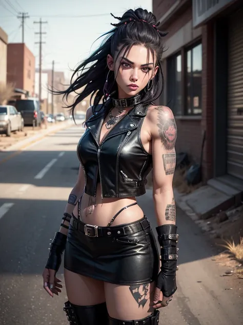 In the Wasteland, 18 year old beautiful girl in Wolf style, from DC comics, with dreadlocks, intergalactic anti-heroine, known for her cruelty and sarcastic behavior.. He is depicted as an alien humanoid with pale white skin., long black dreadlocks, and su...