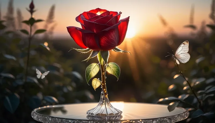 a beautiful transparent glass red rose with a exquisite fragile iridescent glass leafs, surrounded with [white:2] butterflies, intricate details, masterpiece, award winning, rich, breathtaking, golden hour light, bokeh, atmospheric, ((close up))