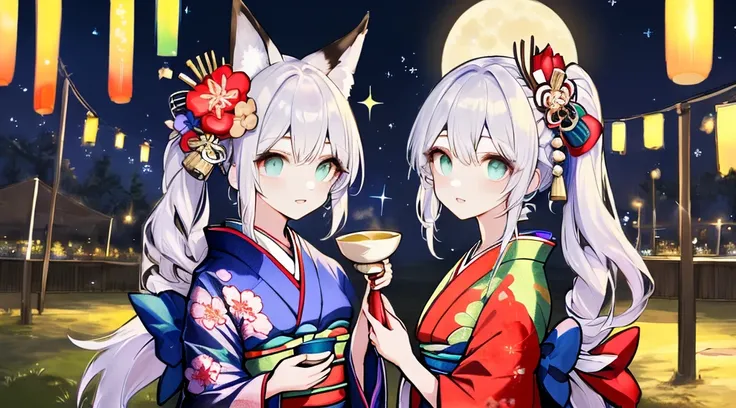 best qualtiy, A high resolution, A detailed face, A detailed eye, beautiful sexy woman,kimono, moon in background, nigh sky, holding sake in hand, Sparkle, butterflys, Fantastical,