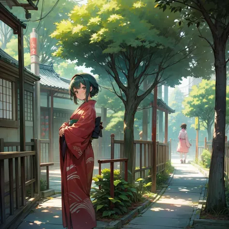 Japanese street, tree garden, lofi animetion anime girls 