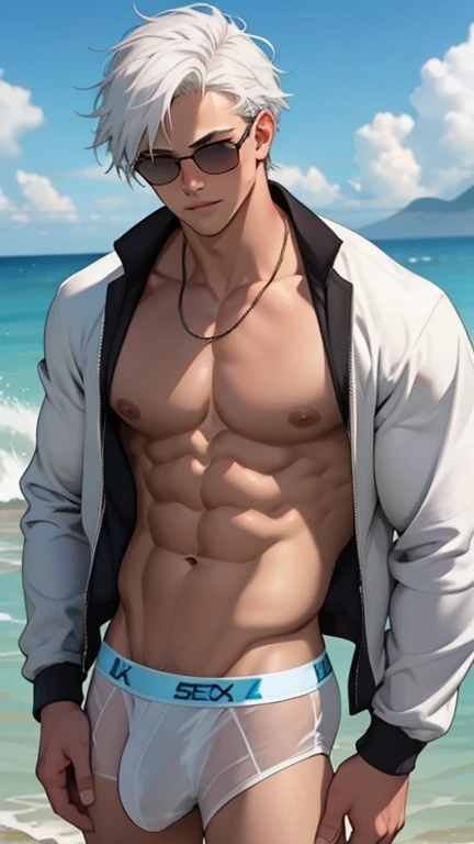 facial expression like masturbation, 1boy, bikini, Tight muscles, Broad shoulders, Handsome, Tiny underwear, Sexy, sex, Guy, Gay, Sea, jacket, sunglasses, boy, floral bikini, bright white hair,