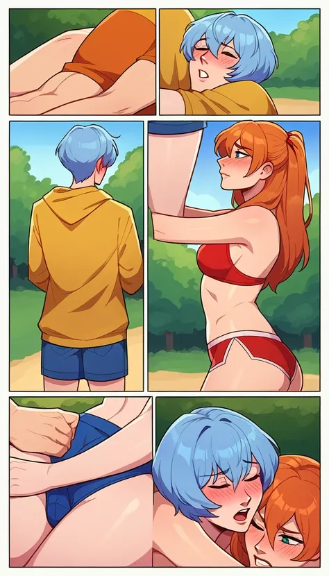 score_9, score_8_up, score_8_up, source_anime, (sequence, comic, 8-panel:1.3), 2girls, (Asuka Langley Soryu, orange hair, long flowing hair:1.0), (Rei Ayanami, blue hair, short bob hair:1.0), girlfriends, hair ornament, flowing hair, cleavage, bikini top, ...