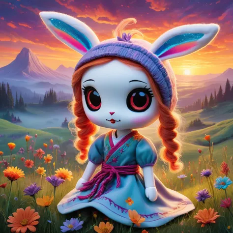 (knitted toy voodoo doll:1.9), (Voodoo rabbit:1.6), (Clothing: robes of sunrise hues and ethereal morning mists, adorned with dewdrops and shimmering auroras:1.5), (Accessories: staff glowing with the first light of dawn, amulet of dawns awakening, mask re...