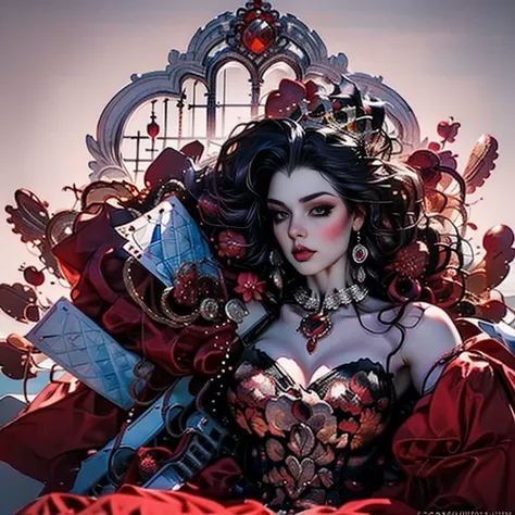 (full body portrait:1.1), a beautiful queen of hearts, elegant long red dress, flowing red cape, golden crown, striking red makeup, piercing gaze, regal posture, ornate throne, dark gothic castle, dramatic lighting, (best quality,4k,8k,highres,masterpiece:...