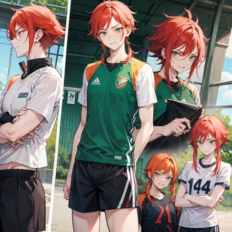 Haikyuu screenshot.
Tall boy, redhead with medium length hair, skinny but with muscles, white with a lower lip piercing on both sides, with green eyes. With an expression of mocking laughter. He is wearing the Karasuno uniform and the volleyball court is i...