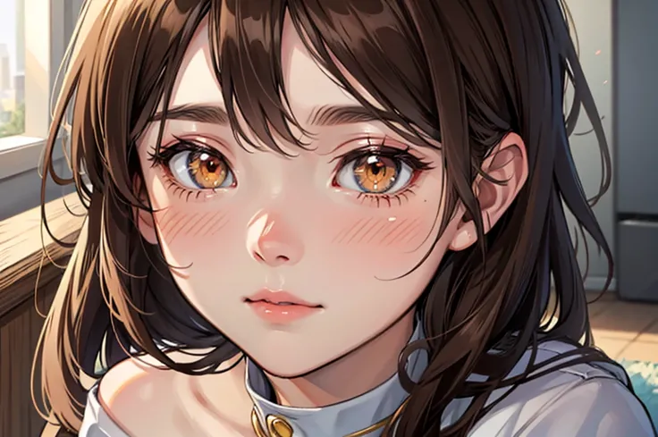 Blushing girl, first person, facing forward, golden eyes, long semi-dark brown hair.