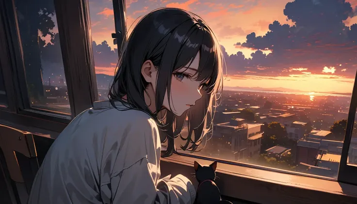 ((8k of extremely detailed CG unit, Masterpiece, high resolution, highest quality, highest quality real texture skin)), (((shoot from behind))), (((Black cat))), ((1 cat)), ((Watching the sunset in a cozy cafe)), ((computer)), ((Sunset beach from the big w...