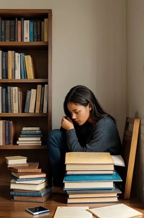  person sitting in a cozy corner with a stack of books and a laptop, surrounded by notes and highlighted texts, symbolizing dedicated self-study and learning.