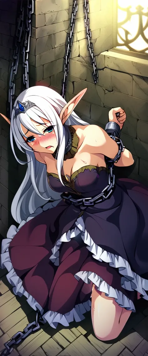 one girl, handcuffed, chain restrain, slave, princess of elf, rape, white hair, 